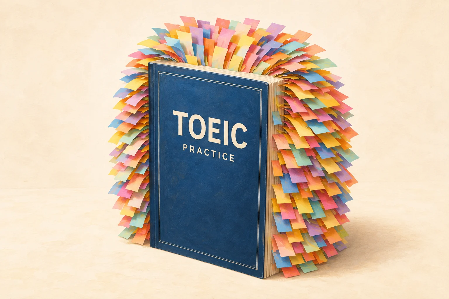 A TOEIC practice book with so many colorful sticky notes fanning out from its page edges that they form a shaggy rainbow mane.