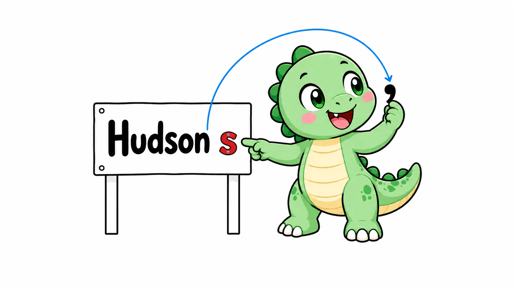 Happysaur holds the apostrophe pulled off a Hudson sign and points at the s, which is bolted firmly in place — the apostrophe can go, the s can't.