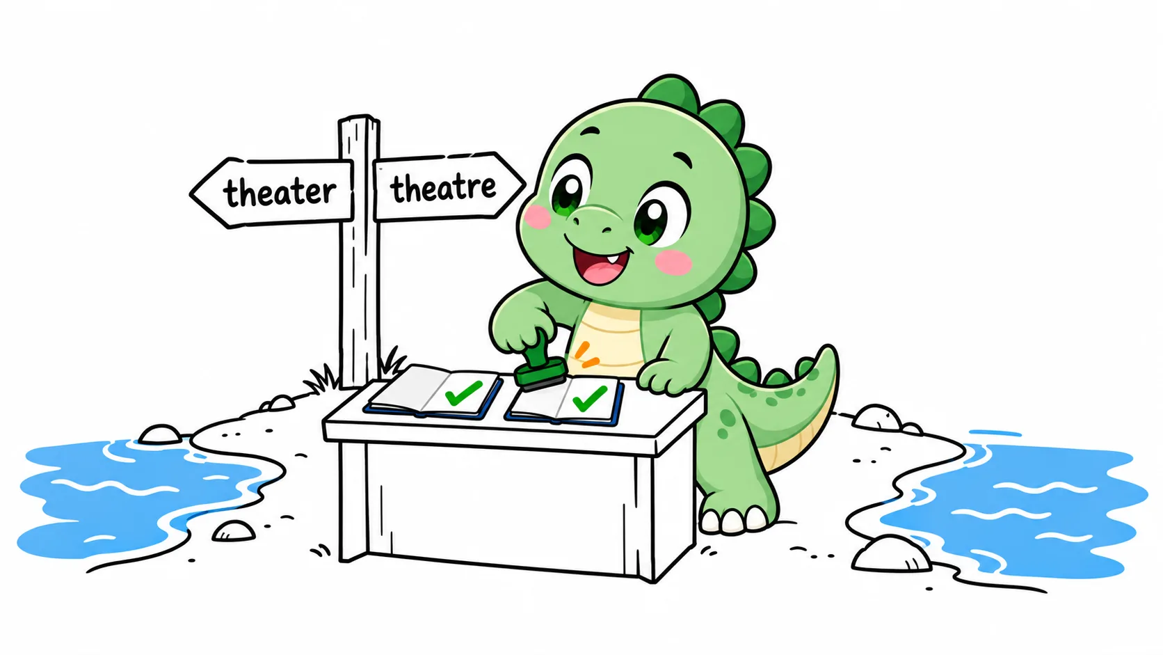 Happysaur as a passport officer between two shores, stamping green checks on both theater and theatre: both spellings pass.