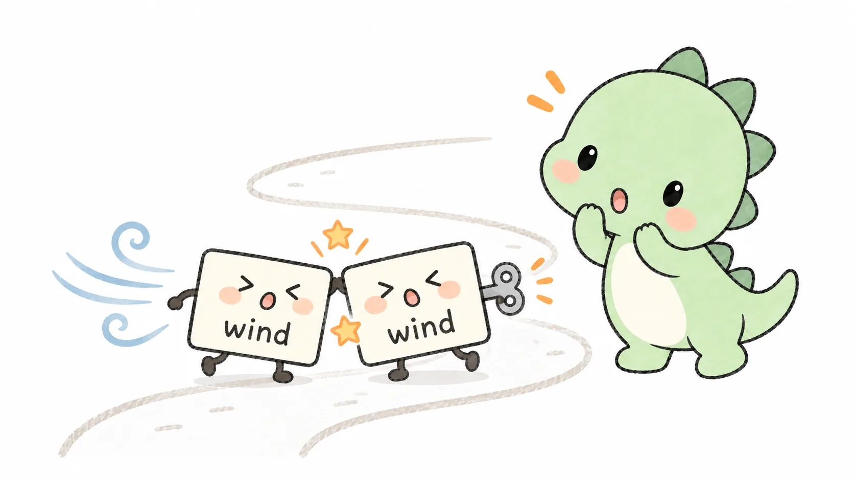 Two identical wind cards bump into each other on a winding path, one trailing a gust of air and one with a key on its back, while Happysaur looks on, startled.