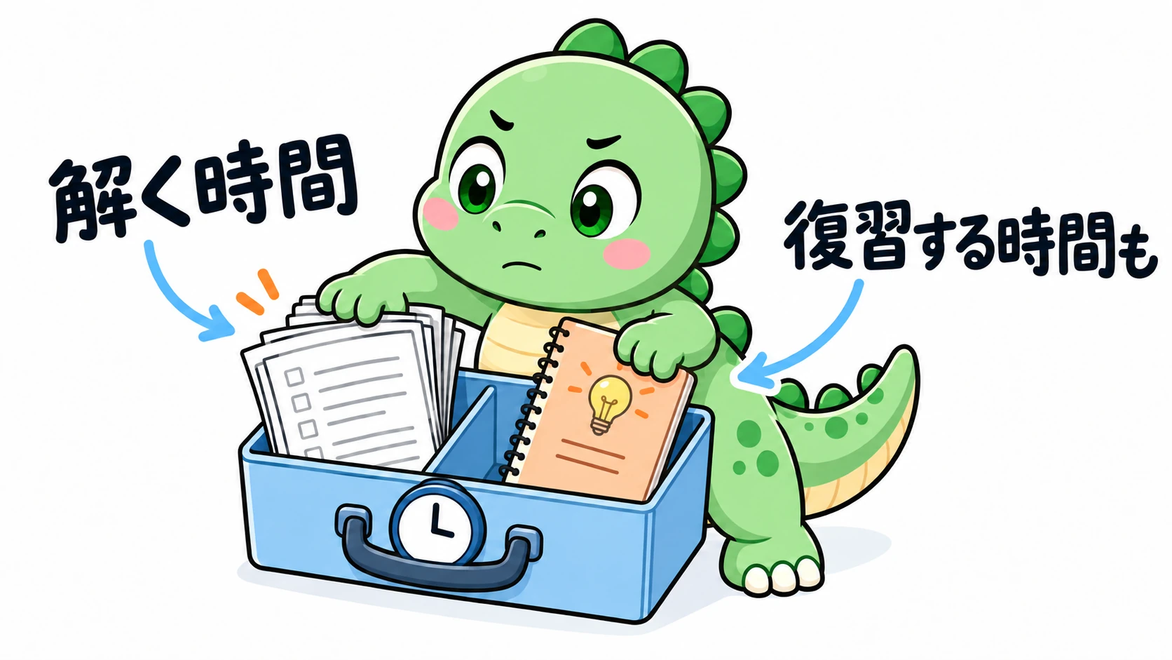 Happysaurは限られた学習時間を表すケースを整理し、問題集の横に解説ノートを入れる場所を残して、復習の時間も確保している。
