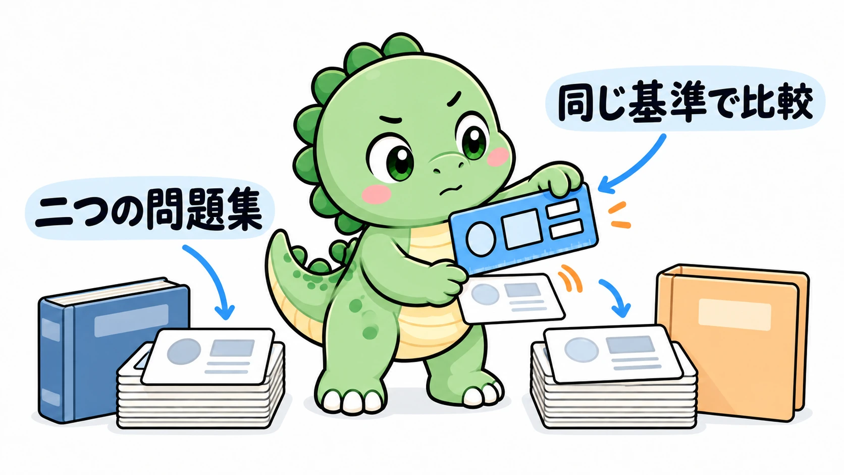 Happysaurは自社の問題バンクと外部の参照問題に同じ検査テンプレートを当て、共通の構造ルールで比較している。
