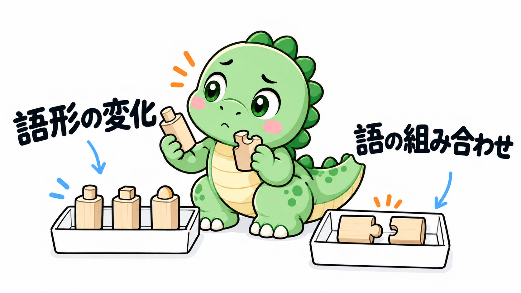 Happysaur が共通の形を持つ部品の語尾に見立てた接合部と、組み合わせる部品のかみ合いを比べ、語形変化と語の組み合わせを区別する。