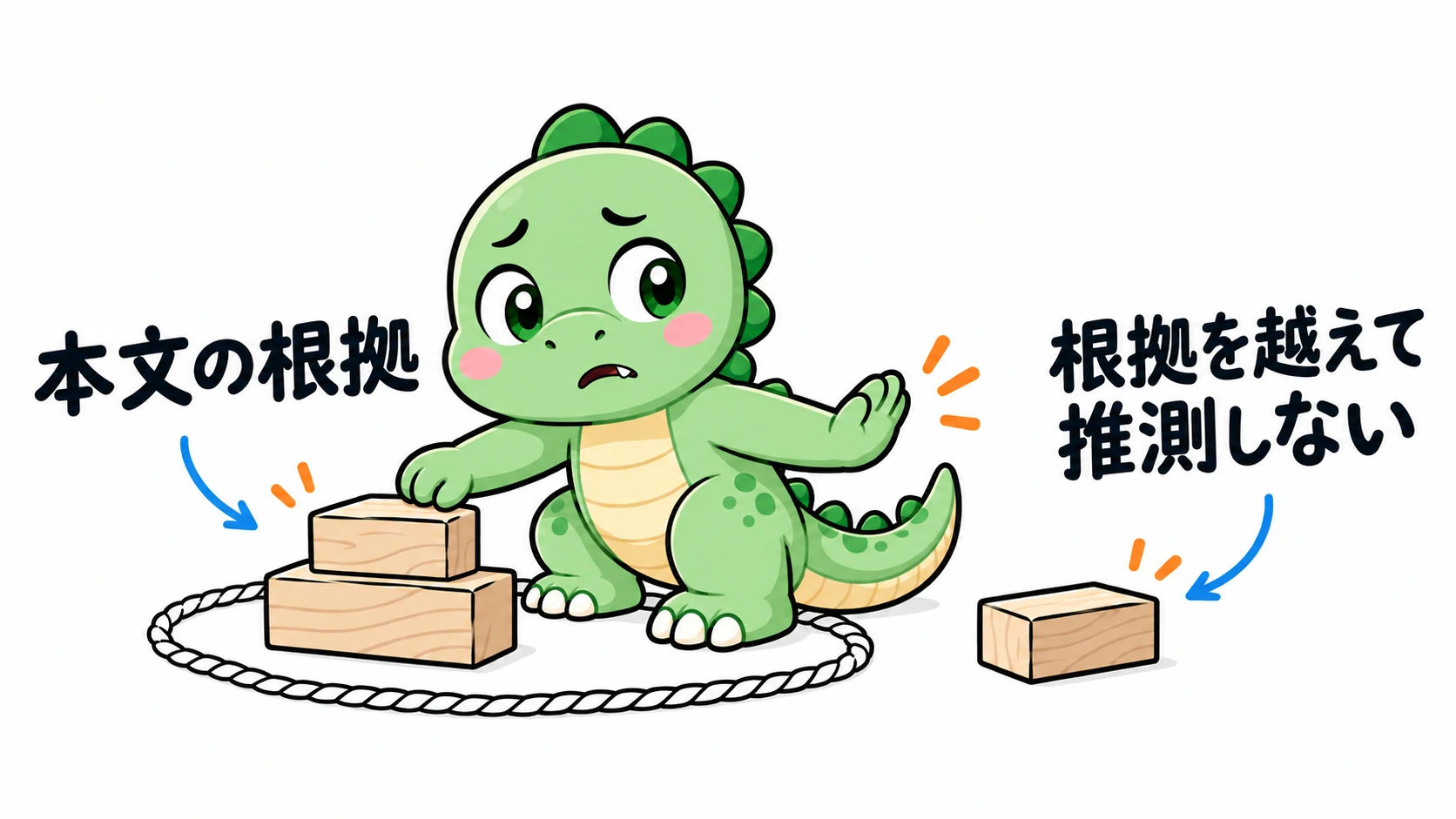 Happysaur がロープの内側で木片を組み合わせ、外へ伸ばす手を止める。本文の根拠を越えて推論しないことを表す。
