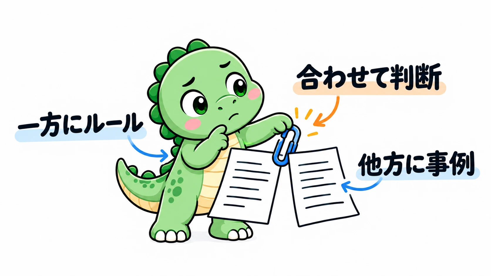 Happysaur が2枚の文書を見比べてクリップでつなぎ、一方のルールを他方の事例に当てはめて判断することを示す。
