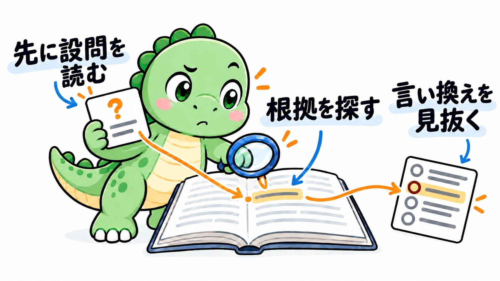 Happysaurは眉を寄せて設問を確認し、本文の根拠を見つけてから選択肢の言い換えと照合している。