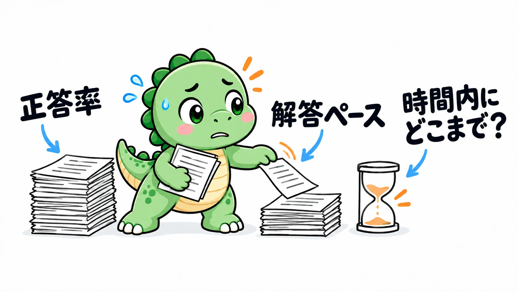 Happysaur が練習用の紙を読み終えた山へ移しながら、砂の残り少ない砂時計を気にしている。試験での見通しには解答ペースも関わることを示す。