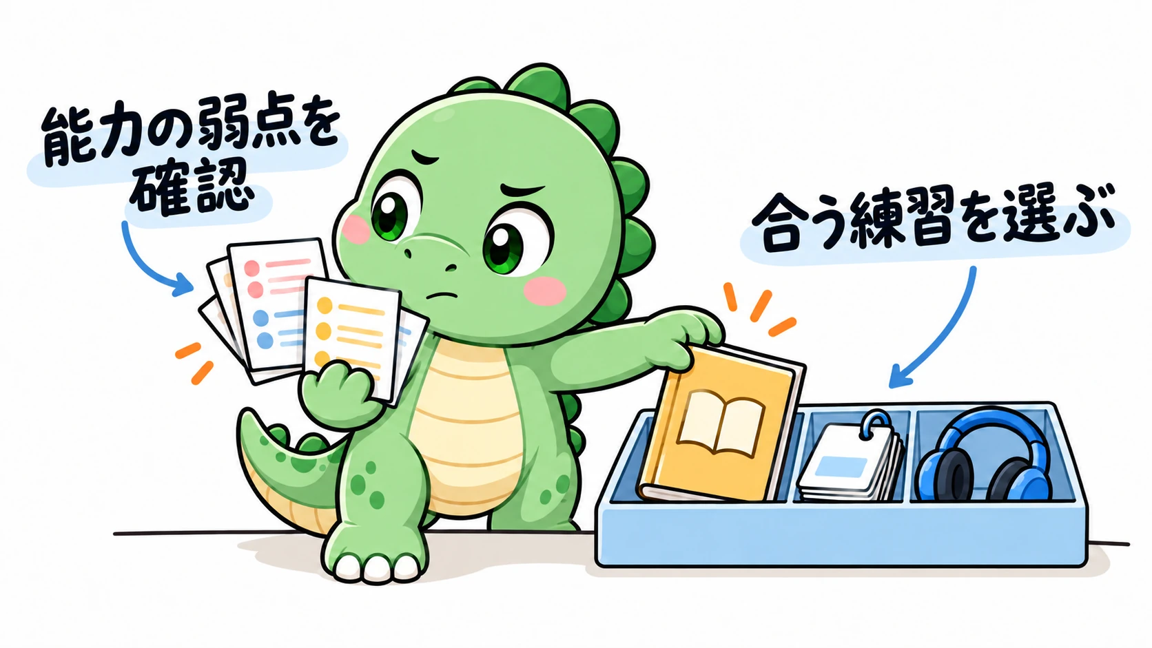Happysaurは蓄積された練習記録を見比べ、能力の弱点を参考にして合う練習を選んでいる。