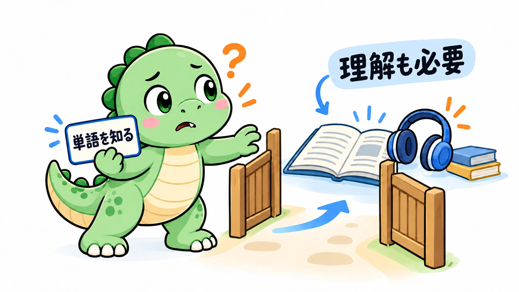 Happysaurは単語の入場券を持っていても、その先の読解とリスニングには戸惑っており、語彙を知るだけでは理解にならないことを示している。