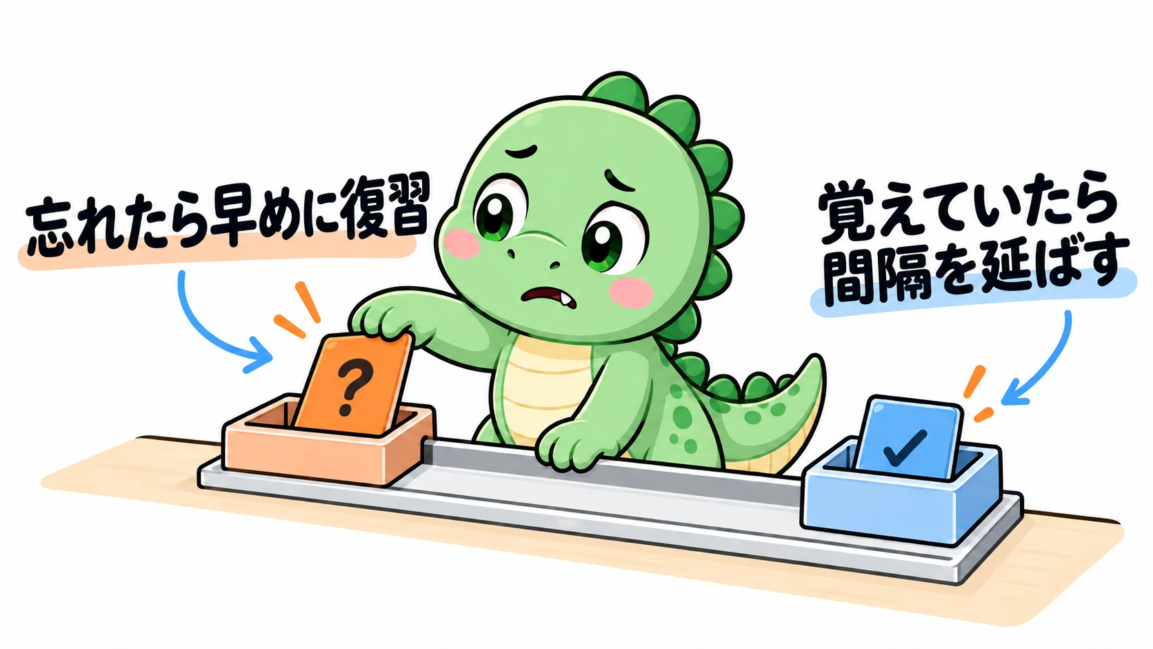 Happysaurは忘れたカードに眉を寄せて近い復習枠へ戻し、覚えていたカードには長めの間隔を取っている。