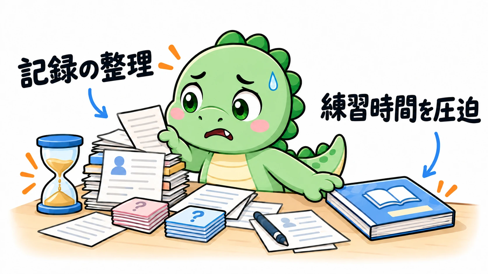 Happysaurは学習記録の整理に追われて疲れ、練習問題集が机の端に押しやられる間も時間が過ぎている。