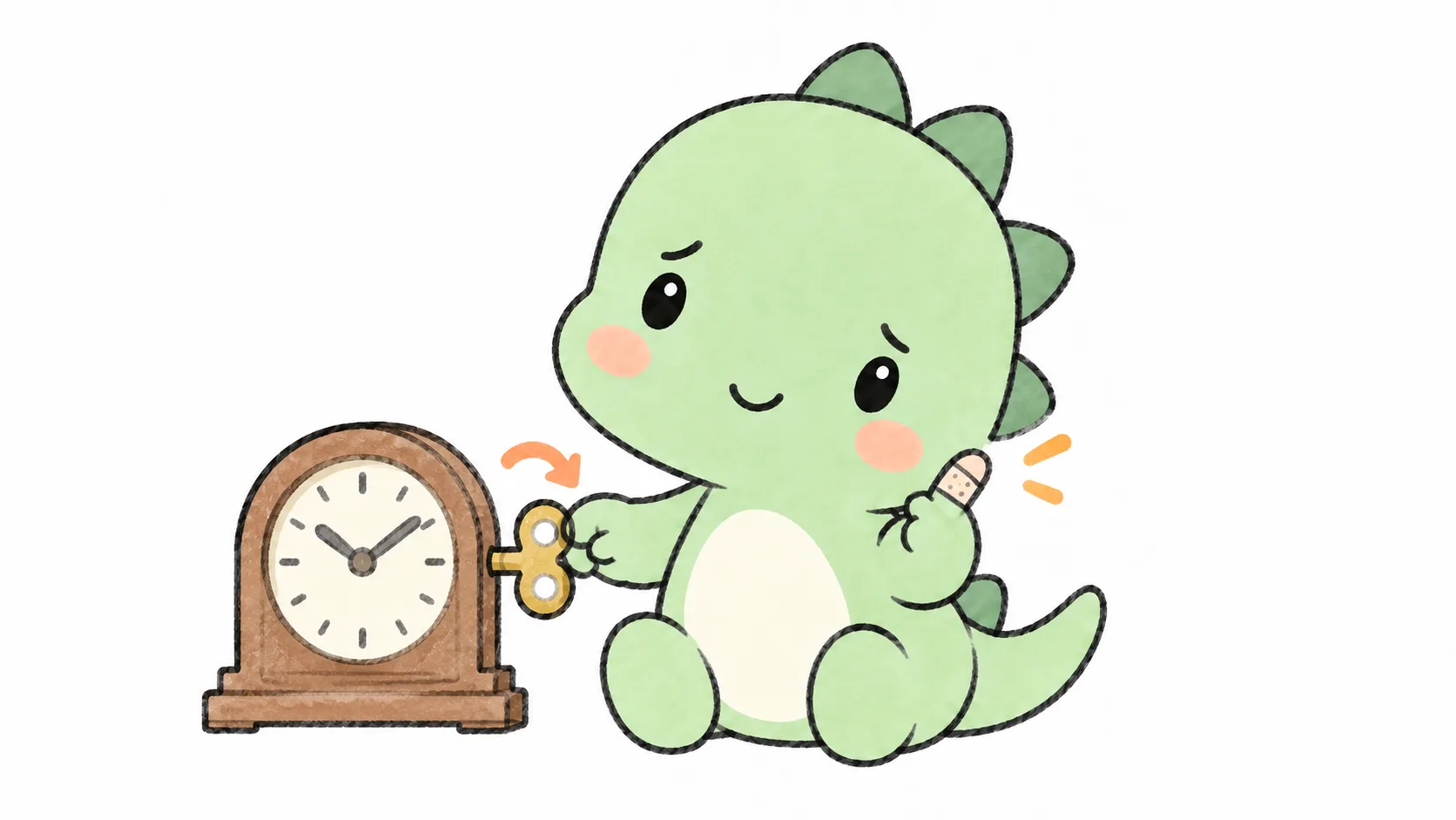 Happysaur が片手で置き時計のぜんまいを鍵で巻きながら、絆創膏を貼ったもう一方の指を掲げています——wound は「ぜんまいが巻かれた」という意味であり、同時に「傷」という意味でもあります。