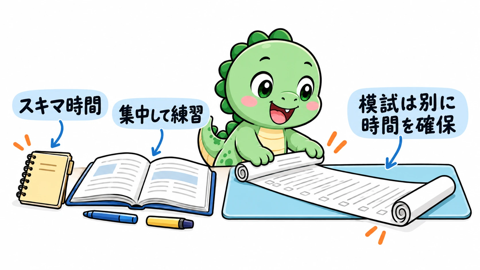 Happysaurは短い練習用メモと長い模試用紙を別々の時間帯に分け、模試にはまとまった時間が必要なことを示している。