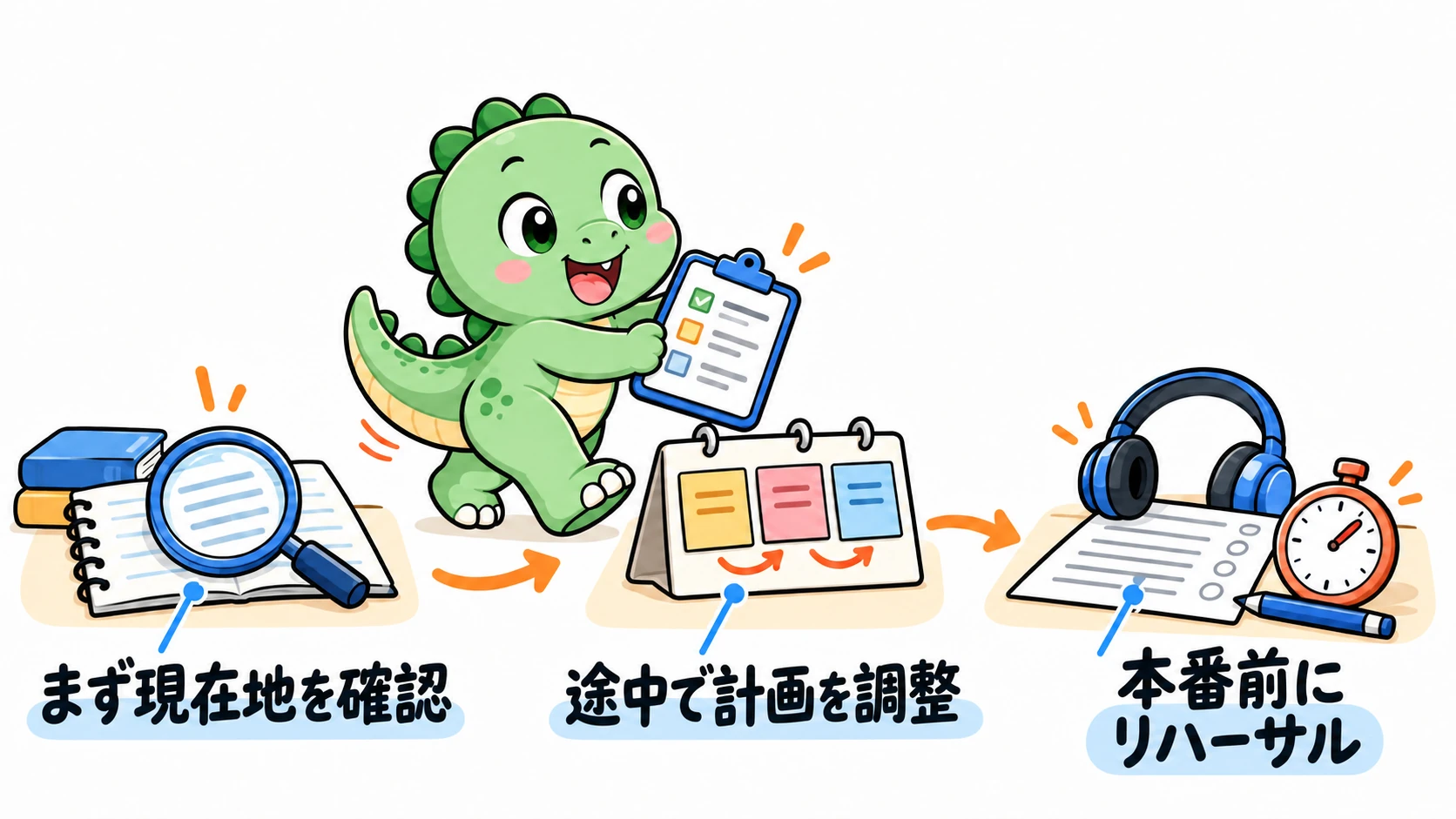 Happysaurは3つのチェックポイントに沿って計画バインダーを動かし、順にスタート地点の確認、スケジュールの調整、本番前のリハーサルを行っている。