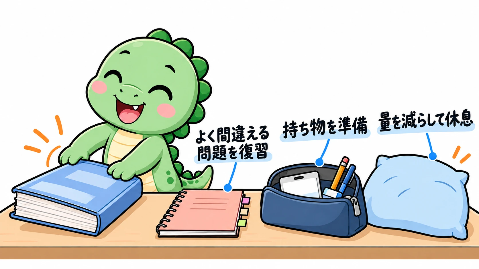 Happysaurは分厚い問題集を片付け、間違えた問題のノートと受験用具だけを残し、本番前は学習量を減らして休息をとるよう促している。