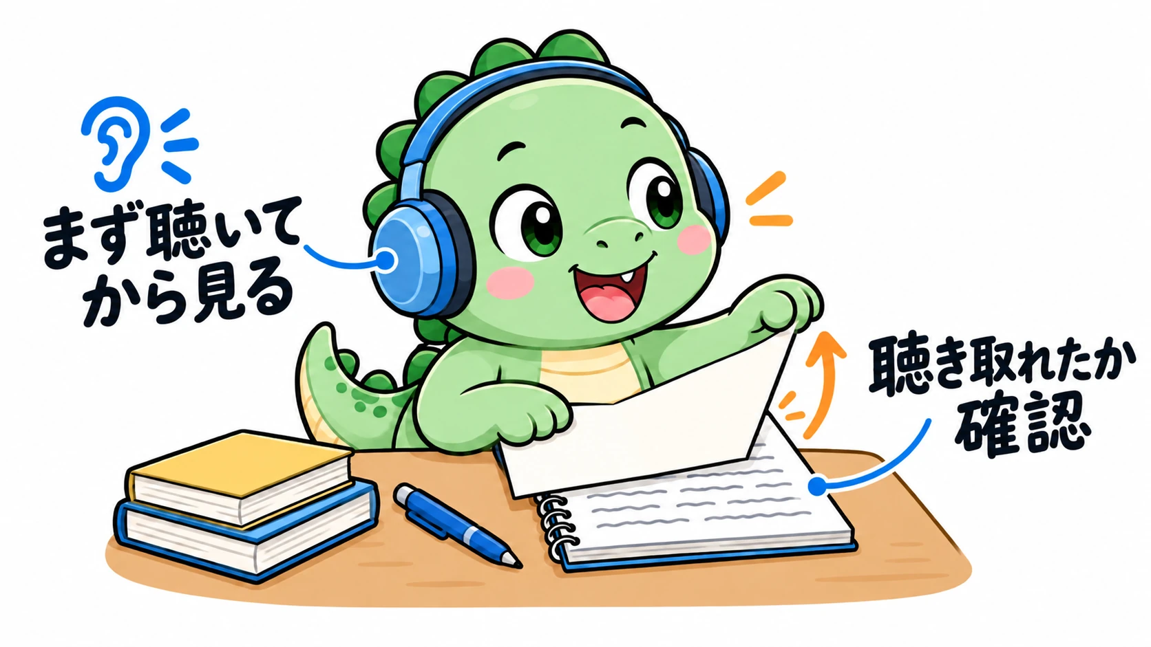 Happysaurがヒントを隠してヘッドホンで音声を聴き、その後ノートを開いて理解を確かめている。