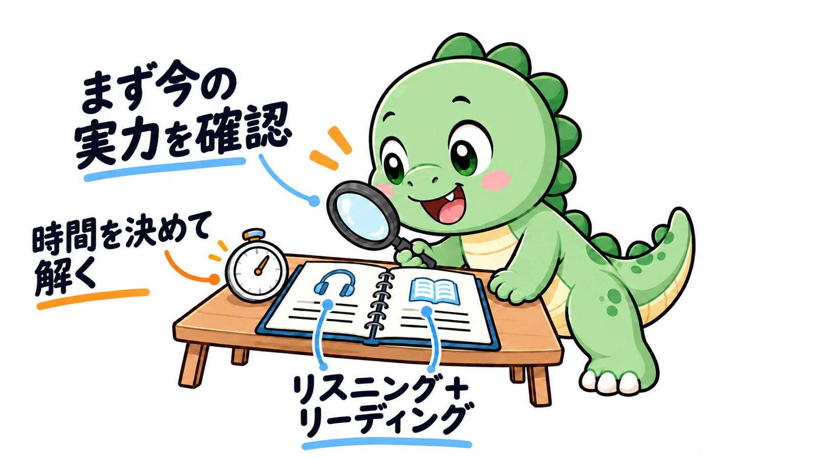 Happysaurは虫眼鏡で問題集を見ており、まずはリスニングとリーディングの両方を含む診断テストを時間を測って行い、その後に学習計画を立てるよう促している。