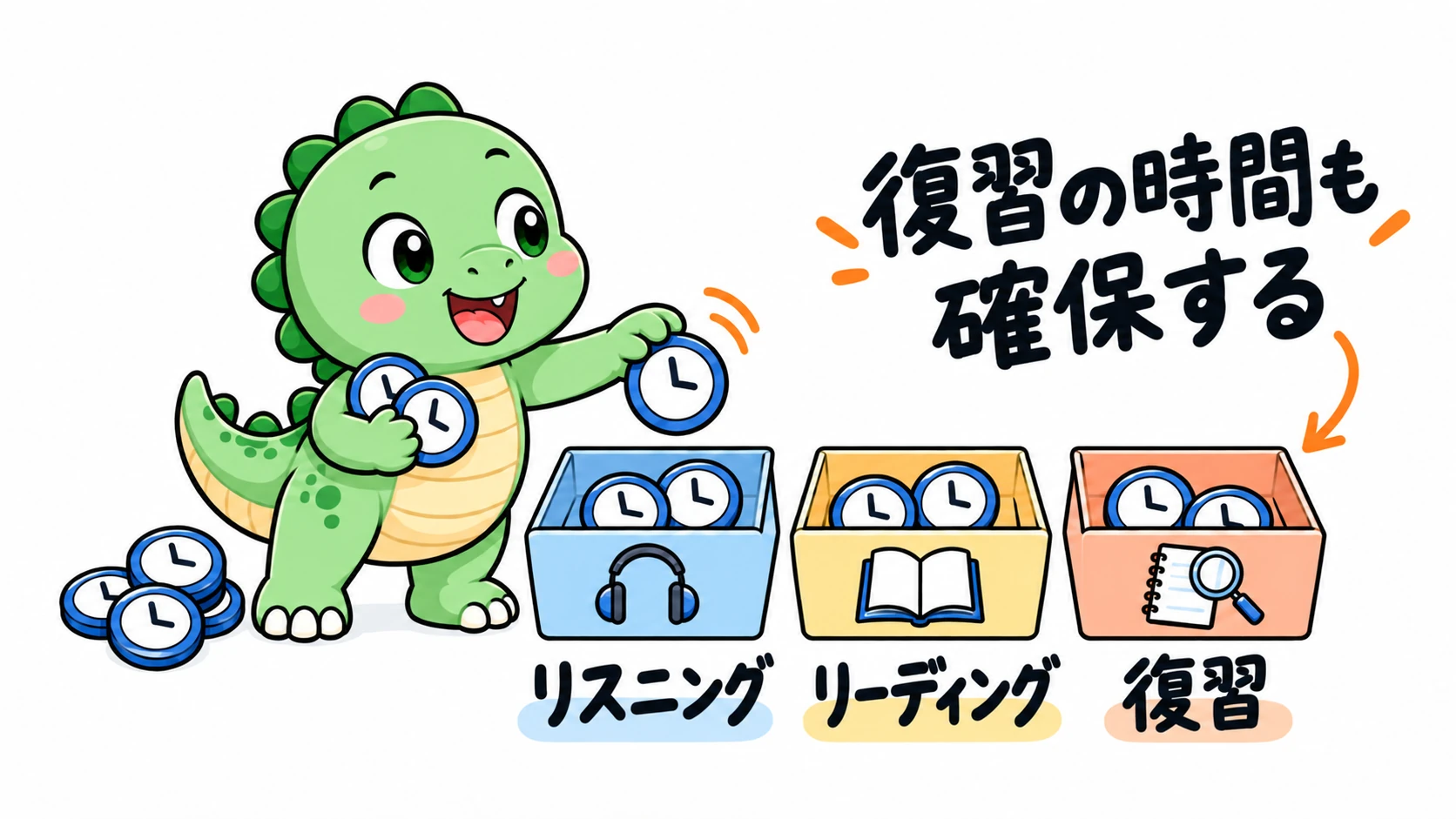 Happysaurは時計のチップを「リスニング」「リーディング」「復習」の3つの箱に分配し、問題を解くだけでなく復習にも時間を残すよう注意を促している。