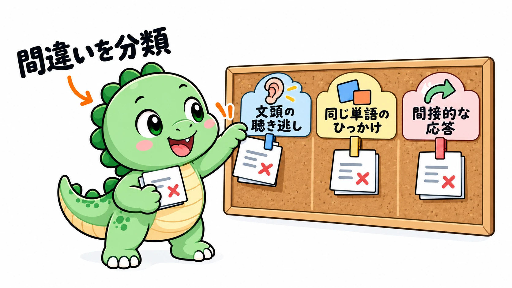 Happysaurはリスニングで間違えた問題を「文頭の聴き逃し」「同じ単語の引っかけ」「間接的な応答」の3つに分類し、次の練習の重点を絞り込んでいる。