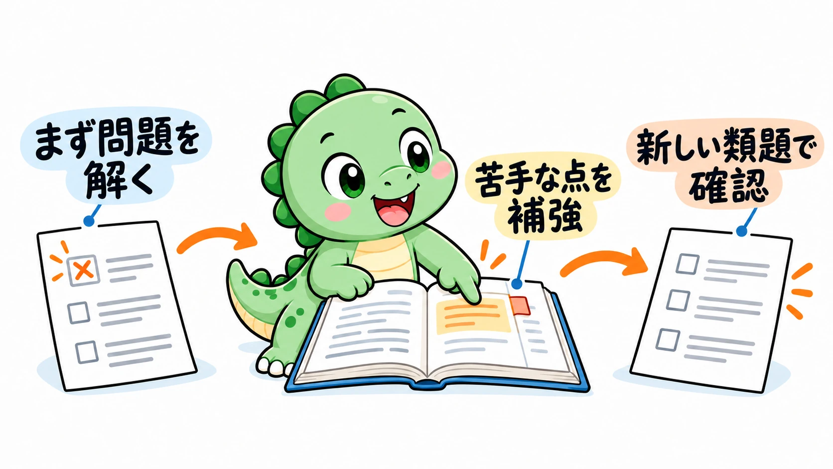 Happysaurは間違えた問題から苦手なポイントを見つけ、該当する学習箇所を開いた後、新しい類題を解いて理解できたか確認している。