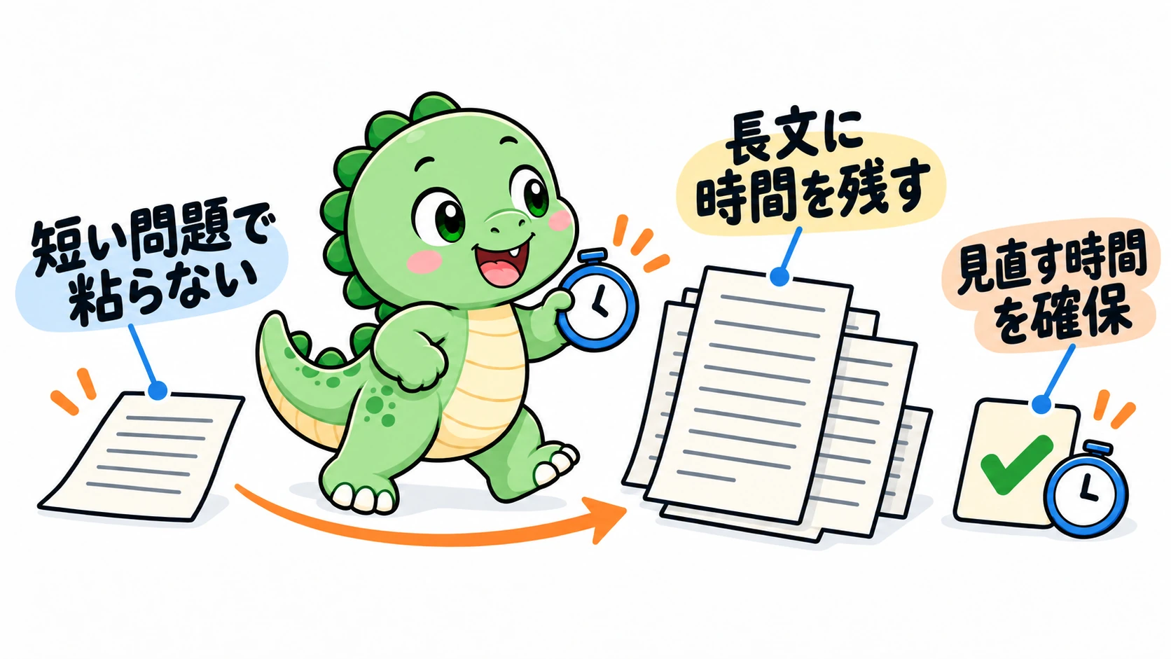Happysaurはストップウォッチを持ちながら短い問題から長文問題のページへと進み、前半でリーディングの時間を使い果たさないよう注意を促している。