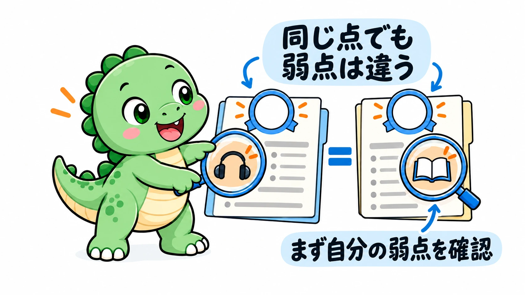 Happysaurは合計スコアは同じでも弱点が異なる2つの記録を確認し、学習計画は自分自身の診断から始めるべきだと伝えている。