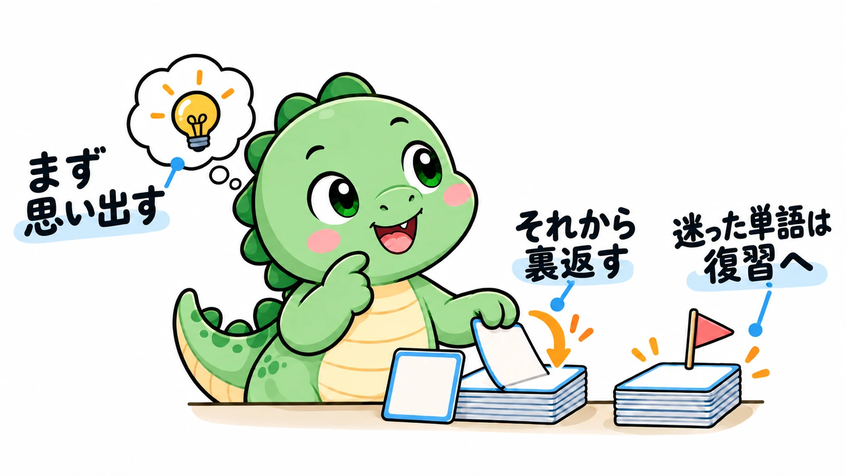 Happysaurはまず答えを隠して意味を思い出し、その後に裏返して確認している。迷った単語カードは復習用の山に戻している。
