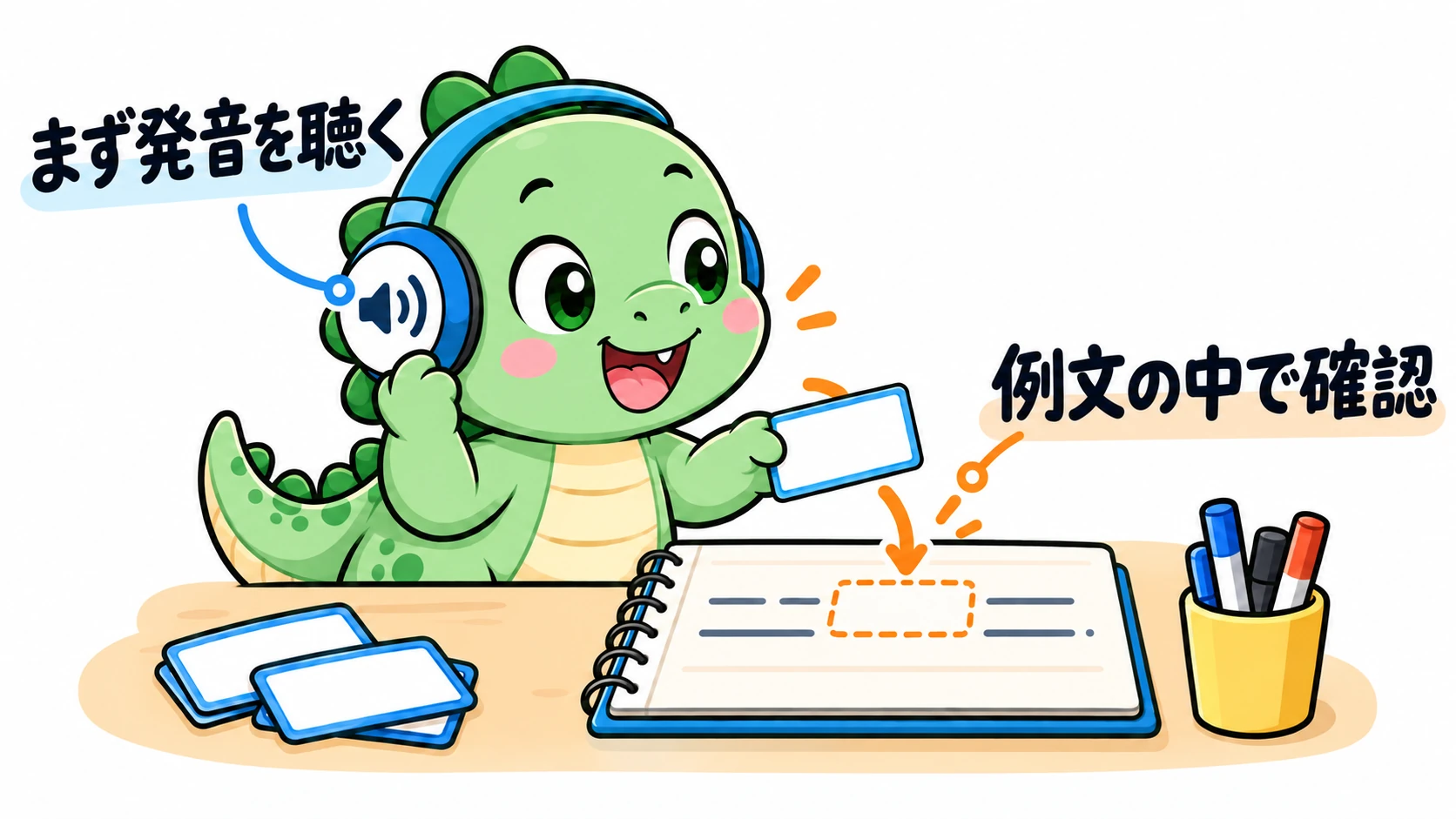 Happysaurがヘッドホンで発音を聴き、単語カードを例文に戻して前後のつながりを確かめている。
