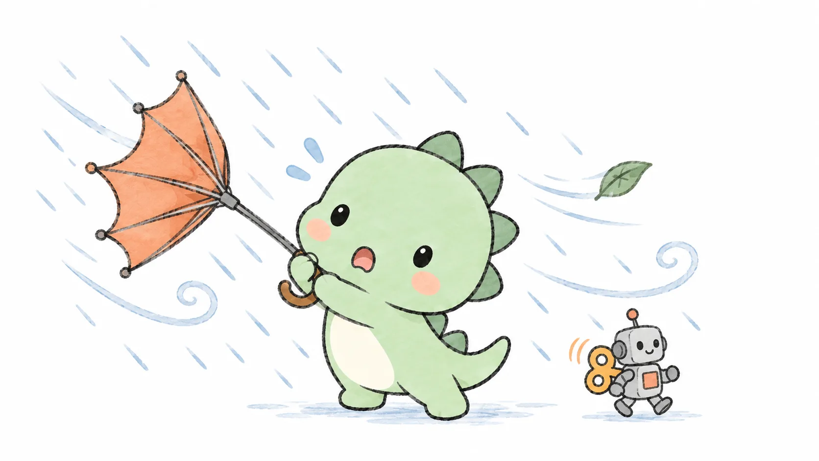 ร่มของ Happysaur ถูกพัดจนปลิ้นพังในพายุ ในขณะที่หุ่นยนต์ของเล่นไขลานเดินผ่านไปอย่างไม่สะทกสะท้าน — winds ในที่นี้คือสภาพอากาศ ไม่ใช่ wind up