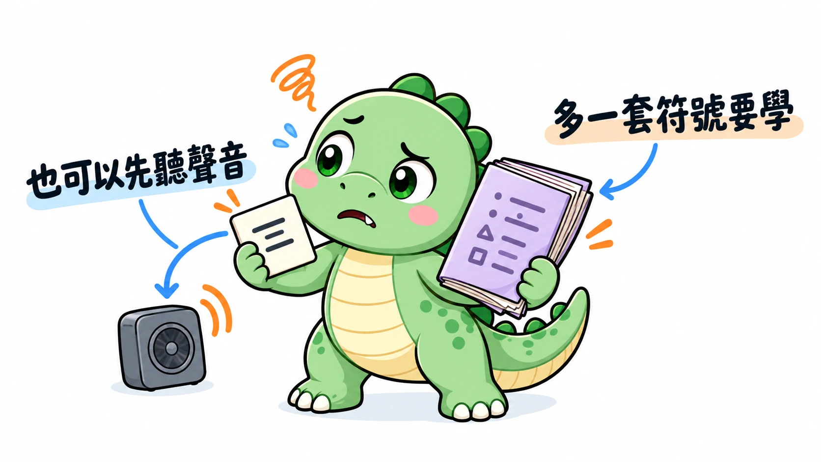 Happysaur 困惑地拿著單字卡和厚音標冊，旁邊的喇叭提示不必先學完符號，也可以直接開始聽。