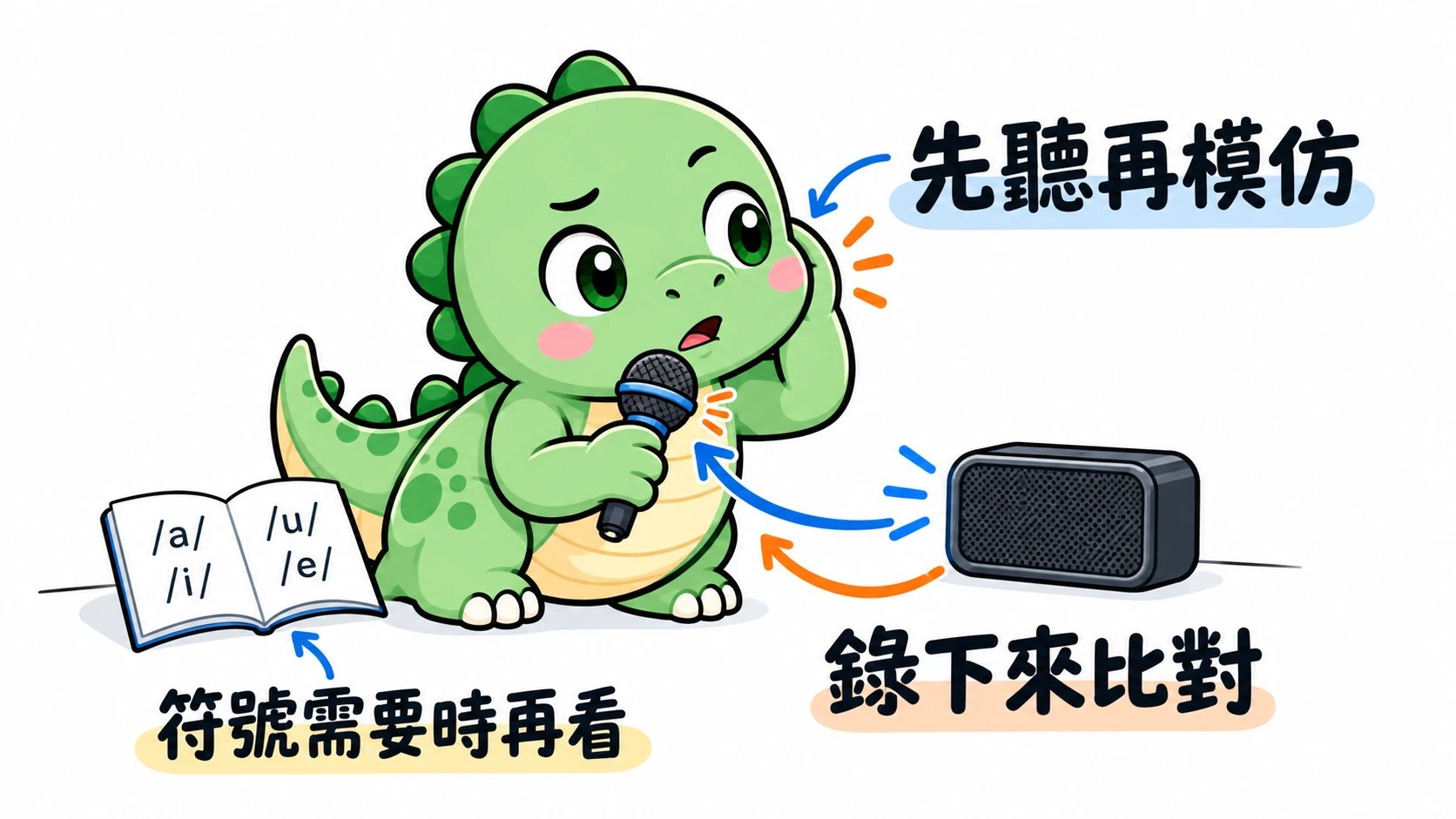 Happysaur 專心聽喇叭並拿麥克風模仿、錄音比對，音標參考冊放在需要時才翻看的位置。