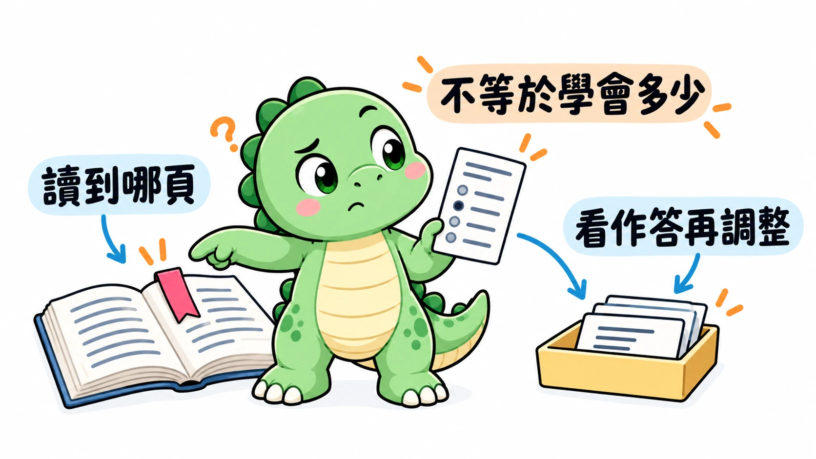 Happysaur 懷疑地比較書籤和回想卡,提醒讀到哪一頁不等於學會多少,調整練習還要看作答結果。