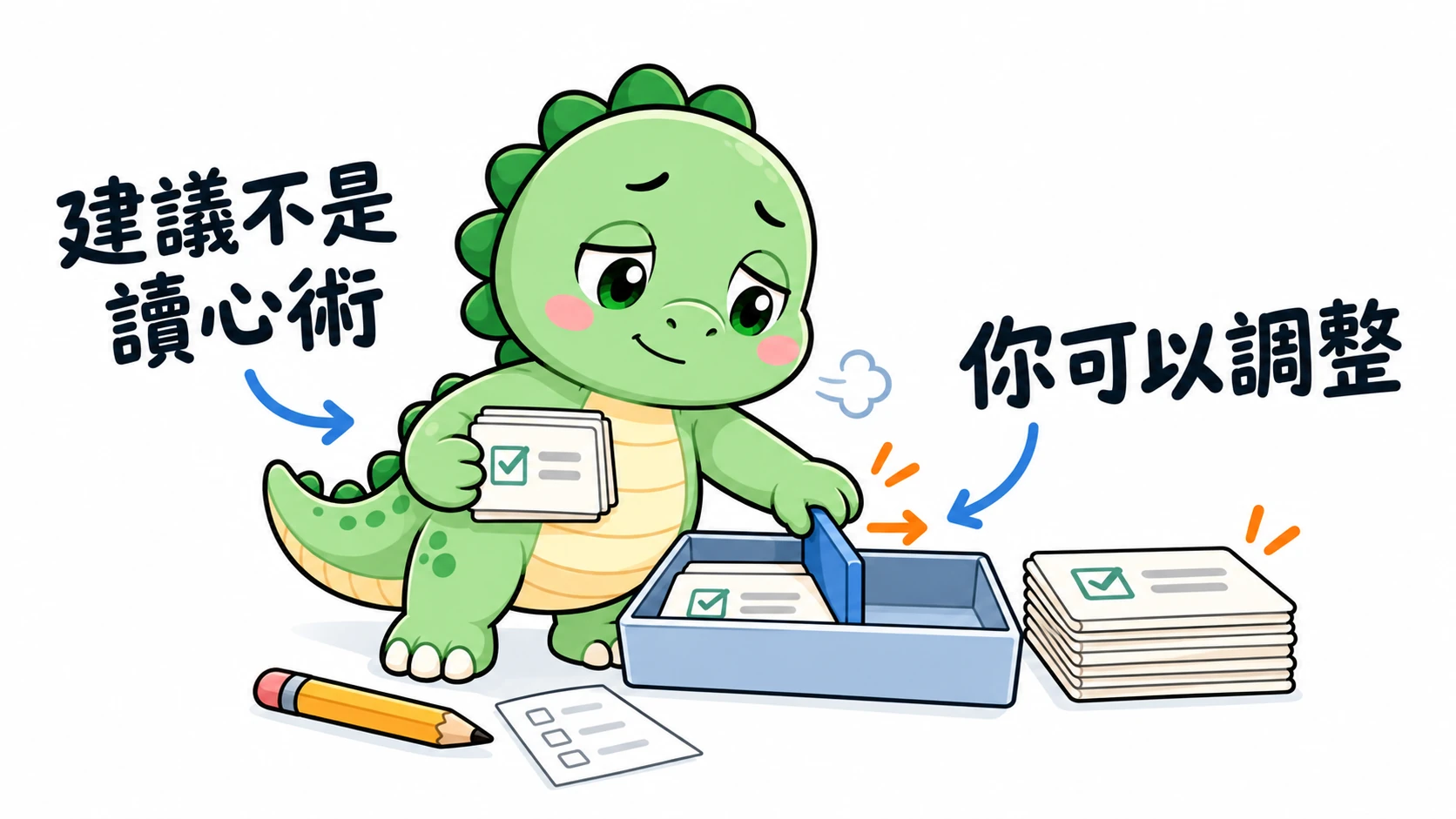 Happysaur 疲倦但放鬆地移動計畫盤的隔板,依今天狀況調整份量,提醒系統建議仍需要自己判斷。