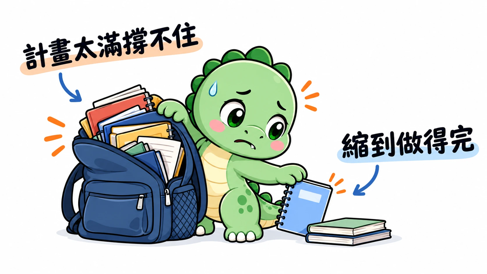 Happysaur 被過滿的讀書背包壓得沮喪,放下負擔並取出一小份能完成的練習。