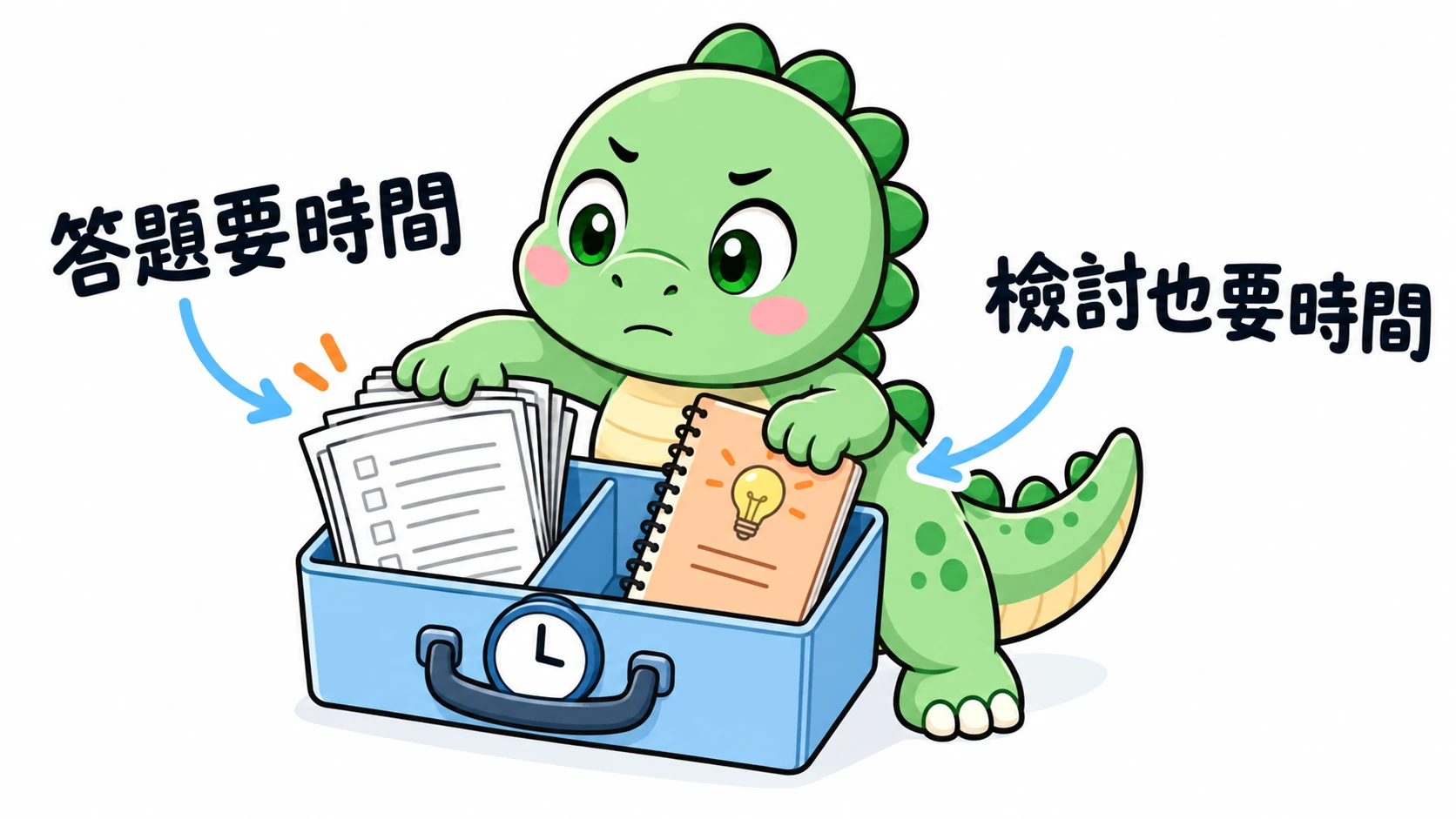 Happysaur 專心整理有限的讀書行李箱,在答題本旁保留位置放入解析本,表示檢討也必須算進時間。
