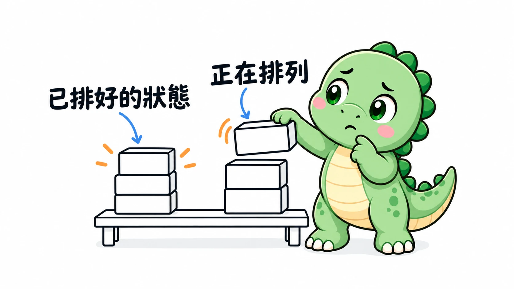 若有所思的 Happysaur 正把箱子放上其中一疊，旁邊另一疊已排好，對照靜態排列與正在進行的動作。