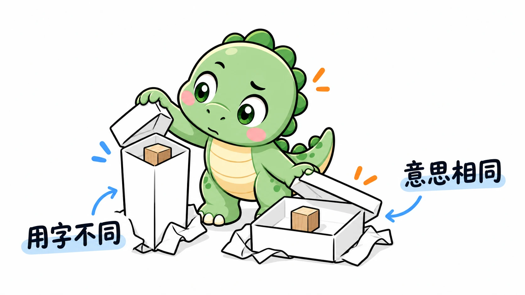 好奇的 Happysaur 打開外形不同的包裝,核對裡面相同的木塊,比喻不同用字可以表達相同意思。