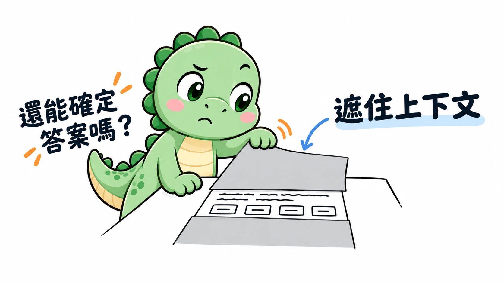 Happysaur 遮住練習文章的上下文,只留下單句與選項,檢查少了文章是否還能判定答案。