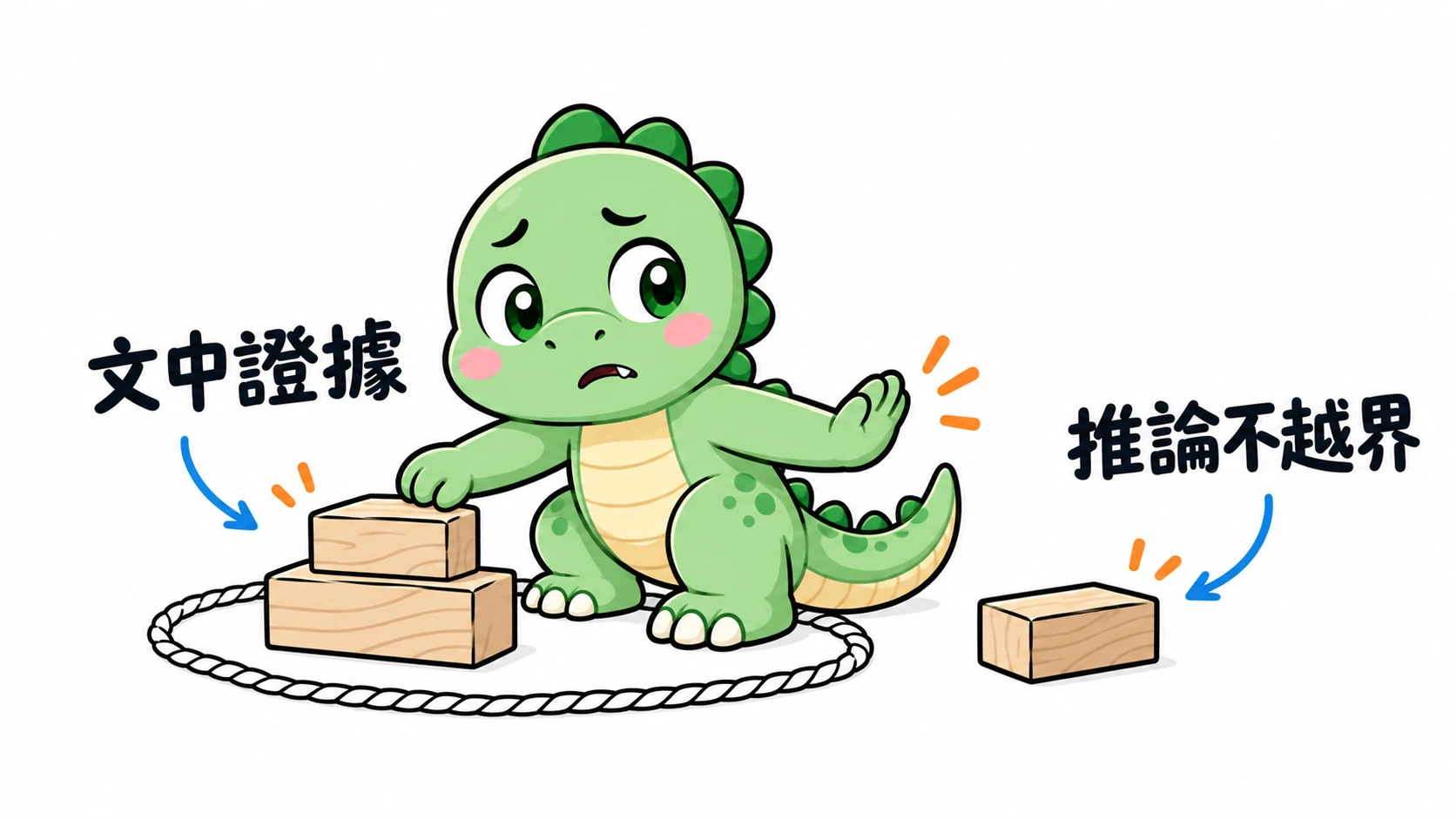 Happysaur 謹慎地在繩界內組合木塊,停住伸到界外的延伸部分,比喻推論不能超出文章證據。