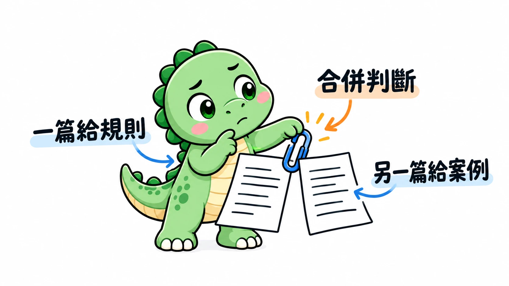 Happysaur 對照兩張文件並用迴紋針接在一起,說明把一篇的規則套用到另一篇的案例。