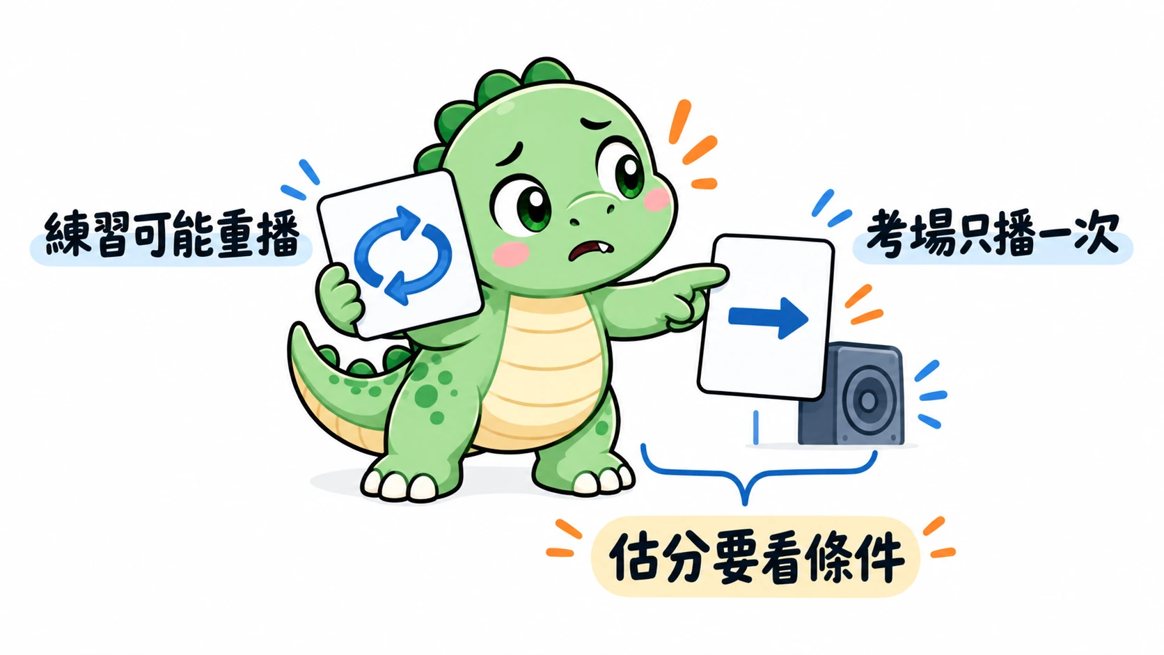 Happysaur 擔心地比較重播與單次播放的聽力卡，發現練習條件不同時，預估分數也需要一起解讀。