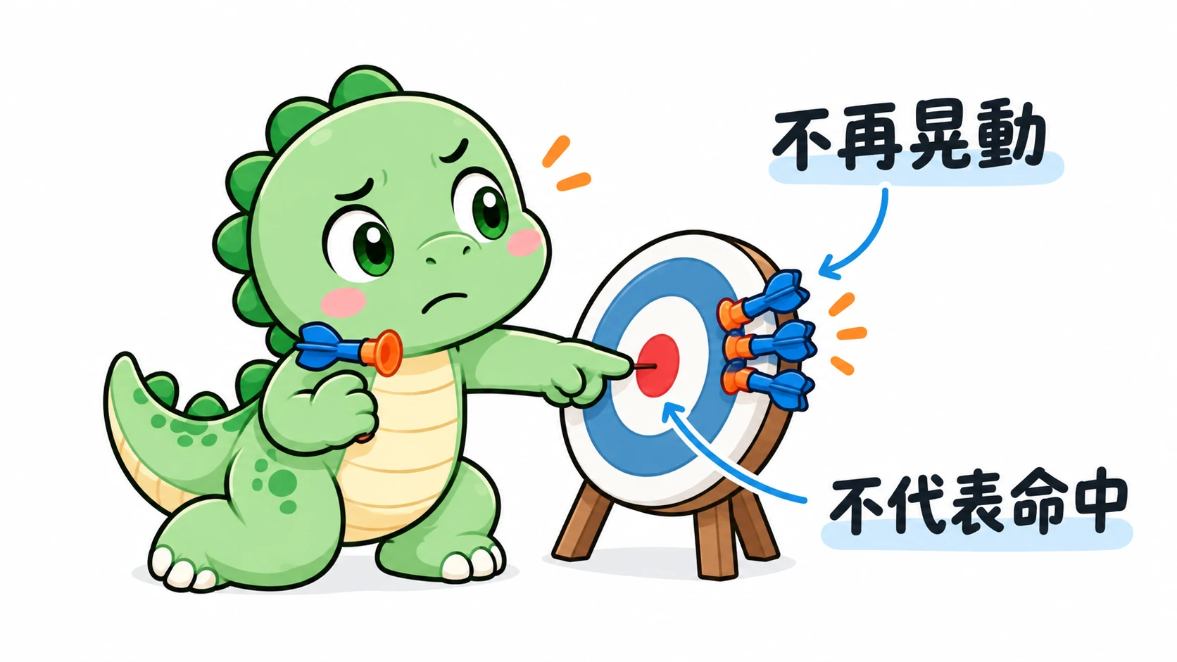 Happysaur 困惑地指著靶心，看見飛鏢雖然集中卻偏離中心，表示預估穩定不等於預估正確。