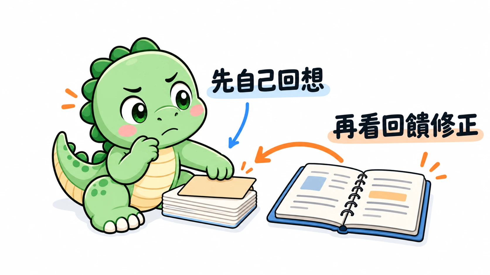 Happysaur 皺眉努力回想,先遮住答案,再準備翻開解析檢查修正,呈現提取與回饋的練習過程。