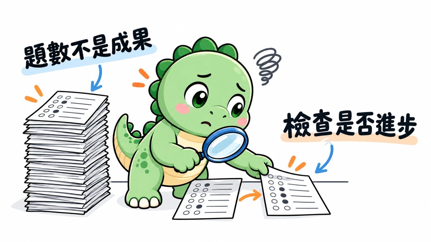 Happysaur 疲倦地放下計算題數的念頭,轉而比較練習表現,提醒做了多少不等於進步多少。