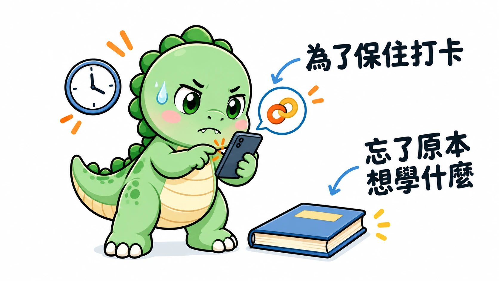 Happysaur 煩躁地趕著在手機上打卡，原本想讀的書卻被擱置，表示保住紀錄可能讓學習偏離目標。