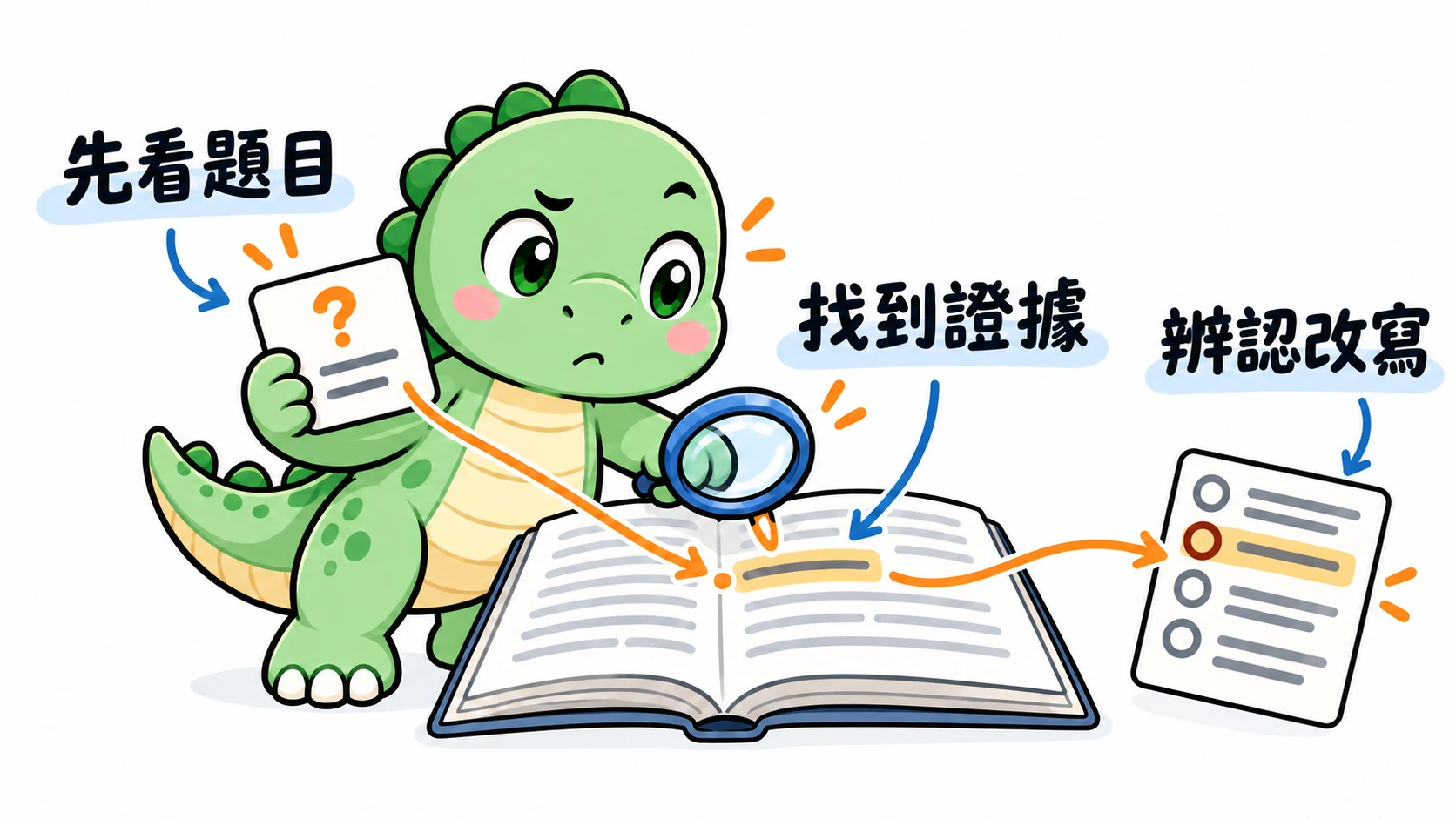 Happysaur 皺眉比對題目，沿著線索找到證據句，再辨認選項中的改寫。