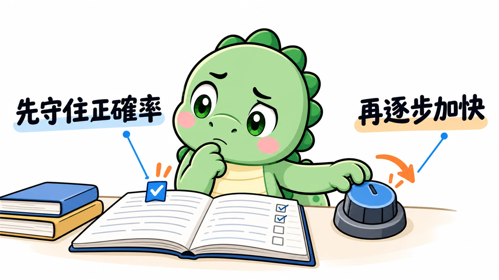 Happysaur 握著碼錶卻暫停加速，先確認閱讀是否答對，再調整速度。