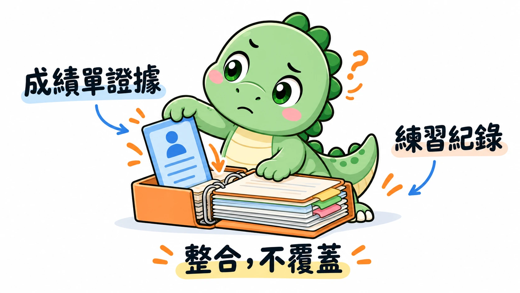 Happysaur 思考後把成績單的新證據加入練習紀錄夾，保留原本累積的資料。