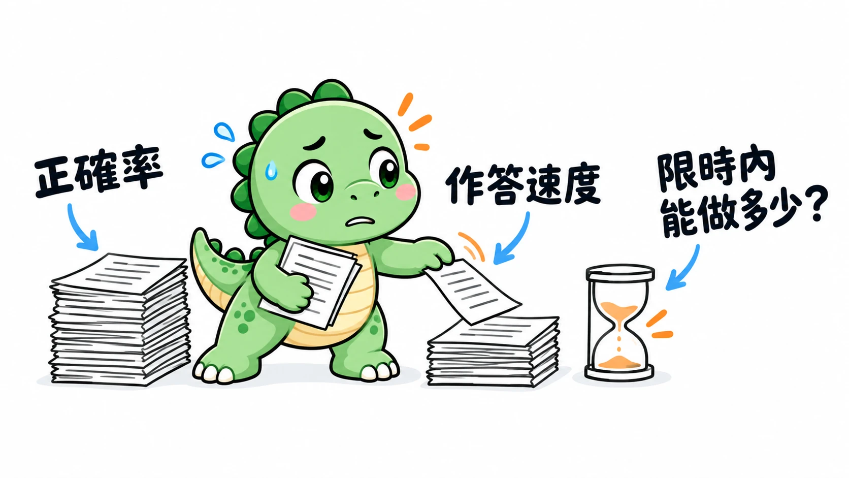 Happysaur 一邊閱讀並移動練習頁,一邊緊張地看著將流完的沙漏,說明估算考試表現也要考慮作答速度。