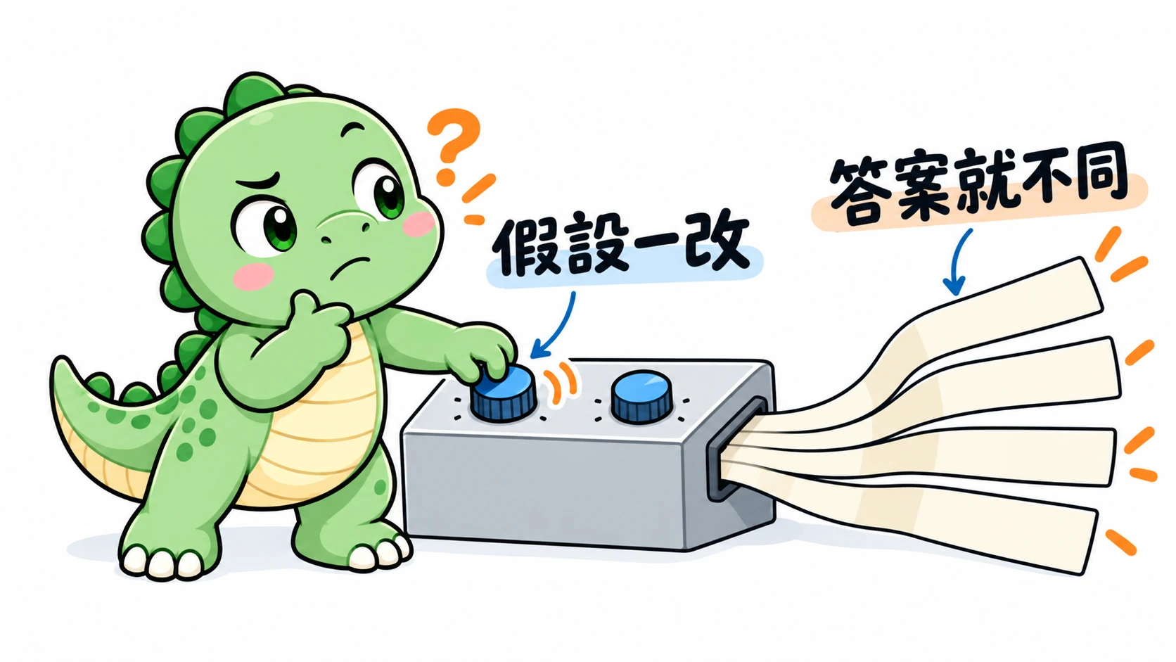 Happysaur 懷疑地調整模型假設，看見結果分向不同方向，提醒單字量不能直接換算成固定分數。